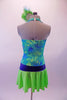 Turquoise, lime green & royal blue dress has a halter neckline with tie-dye pattern and  deep-V royal blue inlay lined with crystals at front. The attached skirt is lime green with royal blue waistband & crystal belt buckle accent. Comes with lime green crystalled gauntlets with blue banding & matching hair accessory. Back