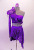 2-piece purple costume has a single shoulder half top with long lace sleeve. The right shoulder has an epaulette with purple morning glory flowers & dangling sequins. A purple sequined scarf drapes from right shoulder to below the left bust. Double-sided short-long lace sarong style skirt wraps around the hips. Front