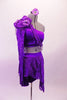 2-piece purple costume has a single shoulder half top with long lace sleeve. The right shoulder has an epaulette with purple morning glory flowers & dangling sequins. A purple sequined scarf drapes from right shoulder to below the left bust. Double-sided short-long lace sarong style skirt wraps around the hips. Right side
