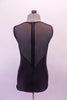 Black leotard has a mesh center and upper front bust-shoulder area with a nude horizontal band across the bustline beneath the mesh. The mesh extends along the entire back to a low V at the base of low mid-back. Back