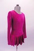 Pretty velvet based long sleeved round neck skating dress is a beautiful fuchsia colour. The skirt is a soft velvet that falls and flows nicely. The back is unique with triple cross-over straps that extend from the shoulders in an angle across the back. Side