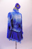 Velvet skate costume has high collar neck, long sleeves & zip back. The soft blue & white pattern of the top is a marbled effect with floating green branch designs throughout. The princess cut waist is lined with blue sequins. The skirt is a softened royal and pale blue chiffon. Comes with a floral hair accessory. Right side