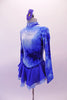 Velvet skate costume has high collar neck, long sleeves & zip back. The soft blue & white pattern of the top is a marbled effect with floating green branch designs throughout. The princess cut waist is lined with blue sequins. The skirt is a softened royal and pale blue chiffon. Comes with a floral hair accessory. Left side