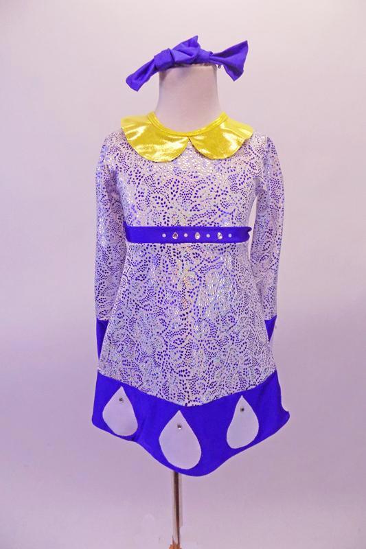 A-line long-sleeved dress is a white base with a blue shimmery leaf brocade pattern and bright yellow shimmery Peter Pan collar. The trim below the bust and wide bottom hem is a blue with large white crystalled raindrop accents. Comes with matching shimmery yellow pull-on boot covers and blue hair bows. Front