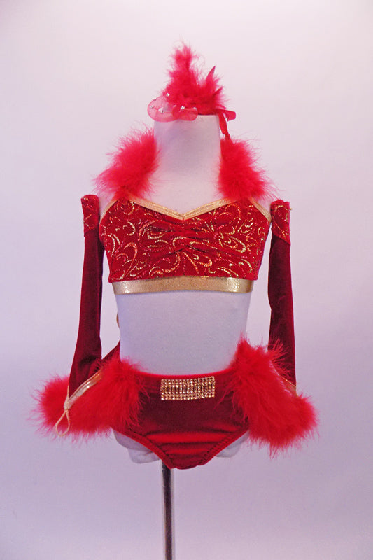 Two-piece red velvet costume has gold swirled halter bra top with red marabou feather collar. The bottom has a large gold crystal buckle accent & open front red velvet skirt with marabou trim. The outfit has gold piping & a large gold bow at the back. Comes with matching red velvet gauntlets & feathered hair accessory. Front