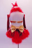 Two-piece red velvet costume has gold swirled halter bra top with red marabou feather collar. The bottom has a large gold crystal buckle accent & open front red velvet skirt with marabou trim. The outfit has gold piping & a large gold bow at the back. Comes with matching red velvet gauntlets & feathered hair accessory. Back