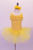 Sweet, pale yellow tutu dress has crackle swirl gold pattern on the body and layers of small yellow ruffles at the neckline and straps. The attached pleated yellow tutu skirt completes the ballet costume. Comes with matching yellow feathered hair accessory. Front