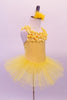 Sweet, pale yellow tutu dress has crackle swirl gold pattern on the body and layers of small yellow ruffles at the neckline and straps. The attached pleated yellow tutu skirt completes the ballet costume. Comes with matching yellow feathered hair accessory. Side