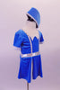 Flight attendant style costume is a short-sleeved bright blue velvet with silver banding, waistband and pleats. The deep V back is held by a horizontal crystalled strap.  Comes with a matching blue velvet attendant hat. Side