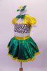 2-piece costume is a yellow pouffe sleeved half top with Peter Pan collar, black & white spotted bust & green banding along the large keyhole back. The green skirt has a yellow waistband that becomes a large bow at the back & a yellow ruffle trim. Comes with yellow gauntlets a floral hair accessory & green bow tie. Side