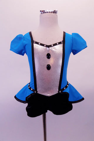 Turquoise peplum dress has a silver center with black jewelled buttons and crystalled black piping. There is a large black bow accent at the front for the peplum. The center of the back is silver with a black faux corset design. Comes with short black gauntlets and silver hair barrette. Front
