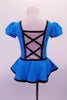 Turquoise peplum dress has a silver center with black jewelled buttons and crystalled black piping. There is a large black bow accent at the front for the peplum. The center of the back is silver with a black faux corset design. Comes with short black gauntlets and silver hair barrette. Back