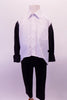 White button front shirt has front pocket and black sleeves. The matching black stitch creased pants are a thick stretch fabric for easy movement. Front