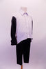 White button front shirt has front pocket and black sleeves. The matching black stitch creased pants are a thick stretch fabric for easy movement. Side