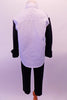 White button front shirt has front pocket and black sleeves. The matching black stitch creased pants are a thick stretch fabric for easy movement. Back