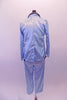 Ice blue satin pyjama style costume has pull-on pants a button front shirt/jacket top with black satin trim, pockets and lapels. There is a black lacey, ruffled bra (30A) that sit beneath the top with the buttons worn open. Comes with a floral hair accessory. Back