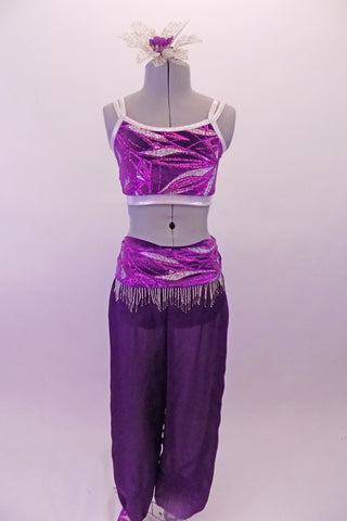 Purple and silver two-piece Arabian themed costume has sheer purple harem pants with built-in short, Pants are complimented by a silver glitter leaf pattern half-top and waistband. The hip is adorned with beaded fringe trim. Comes with silver and purple hair accessory. Front
