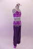 Purple and silver two-piece Arabian themed costume has sheer purple harem pants with built-in short, Pants are complimented by a silver glitter leaf pattern half-top and waistband. The hip is adorned with beaded fringe trim. Comes with silver and purple hair accessory. Side