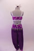 Purple and silver two-piece Arabian themed costume has sheer purple harem pants with built-in short, Pants are complimented by a silver glitter leaf pattern half-top and waistband. The hip is adorned with beaded fringe trim. Comes with silver and purple hair accessory. Back