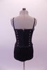 Black boned, zip back, Guess bustier has delicate sequined ruffle along the bustline and down the front center of the hook and eye bustier with crystal accents. The matching Lacey Swimmer brief is a higher cut with leatherette side panels. Comes with a black floral hair accessory. Back
