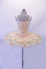 Gold & ivory tutu has a gold braided rope trim & sequin edging on the double tulle & embroidered lace overlay. The bodice is a gold & ivory brocade with sequin trimmed embroidered lace front and back center panels with gold rope braided rope accents. Bodice has a zip back & wide satin over clear elastic straps. Back