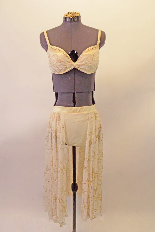 Off-white and gold two-piece costume has a satin underwire bra lined with crystal accents and gently pleated gold and ivory chiffon. The bottom is an ivory brief with attached long, open-front gold and ivory long soft skirt. Comes with a gold hair accessory. Front