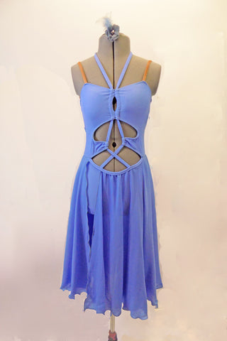 Pale blue leotard dress has an open torso with crossed straps that retain the closed shape. The attached long chiffon skirt is open on the side to reveal the brief beneath. The straps extend along the front and tie around the back of the neck. Nude straps reinforce the shoulder.  Comes with a floral hair accessory. Front