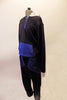Two-piece hip-hop costume has a black fleece hoodie with blue pock front, zipper accent and a white hood lined with blue. The matching black fleece drop-crotch harem has large blue wrap-style pockets. Side