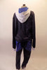 Two-piece hip-hop costume has a black fleece hoodie with blue pock front, zipper accent and a white hood lined with blue. The matching black fleece drop-crotch harem has large blue wrap-style pockets. Back