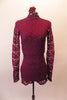 Simple but beautiful burgundy lace long-sleeved unitard has long sleeves and zip up back. Comes with burgundy bootie shorts and floral hair accessory. Will require own bra or sticky cups, as the torso is sheer lace. Front