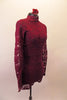 Simple but beautiful burgundy lace long-sleeved unitard has long sleeves and zip up back. Comes with burgundy bootie shorts and floral hair accessory. Will require own bra or sticky cups, as the torso is sheer lace. Side