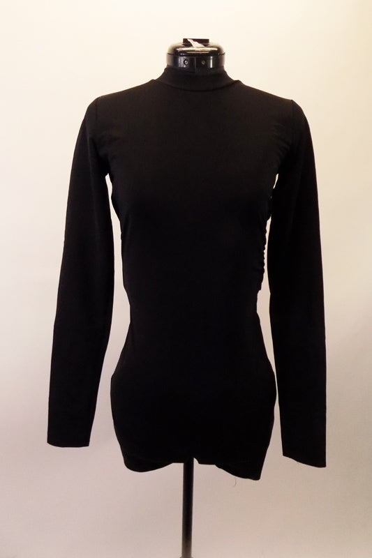 Simple and versatile black short unitard has long sleeves and a deep open back that closes and the back of the wide band-collar. Front