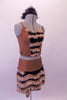 Unique two-piece costume is brown suede with black center and striped fur accents on the front of the top and back snap closure. The bottom skirt has matching striped fur that extends into a long pointy tail. Comes with fur hair accessory and long footless furry socks. Side