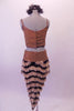 Unique two-piece costume is brown suede with black center and striped fur accents on the front of the top and back snap closure. The bottom skirt has matching striped fur that extends into a long pointy tail. Comes with fur hair accessory and long footless furry socks. Back