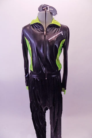 Two-piece hip-hop costume has shiny drop-crotch pants and a matching jacket. The jacket has zip front with neon green sides and collar with faux zipper painted accents at the front and back. Comes with shades. Front