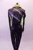 Two-piece hip-hop costume has shiny drop-crotch pants and a matching jacket. The jacket has zip front with neon green sides and collar with faux zipper painted accents at the front and back. Comes with shades. Back