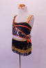 Three-piece costume has a black and gold layered fringed skirt with gold waistband and attached brief. The black half-top with orange and gold piping accent and double shoulder straps sits beneath a single shoulder orange and gold sequined shrug with orange edging. Comes with a gold and orange hair accessory. Left side