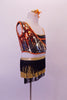 Three-piece costume has a black and gold layered fringed skirt with gold waistband and attached brief. The black half-top with orange and gold piping accent and double shoulder straps sits beneath a single shoulder orange and gold sequined shrug with orange edging. Comes with a gold and orange hair accessory. Right side