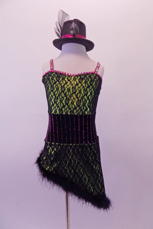 Green based dress had a black lace overlay. The wide black velvet waistband has fuchsia pinstripes that compliment the fuchsia piping and cross back straps lined entirely with crystals. The angled skirt has a black marabou trim. Comes with mini black top hat accessory with a fuchsia band. Front