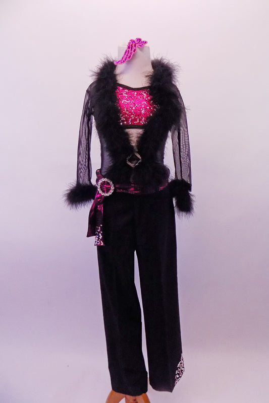 Sheer long sleeved, open-front leotard with crystal accent, black marabou collar and cuffs. The large open oval back is lined with crystals. Comes with a hot pink, crystalled bra & black dress pants with crystal designs on the leg & hot pink belt with crystal buckle Comes with a pink sequined applique hair accessory. Front