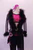 Sheer long sleeved, open-front leotard with crystal accent, black marabou collar and cuffs. The large open oval back is lined with crystals. Comes with a hot pink, crystalled bra & black dress pants with crystal designs on the leg & hot pink belt with crystal buckle Comes with a pink sequined applique hair accessory. Front zoomed