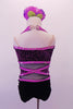Sweet & classy short black unitard has purple band accents. The black velvet bust has purple sparkle swirl design & crystal-lined purple halter neck bands. The black sheer torso has crossed purple bands with velvet sides & crystal accents. The black velvet bottom finishes the outfit. Comes with a floral hair accessory. Back
