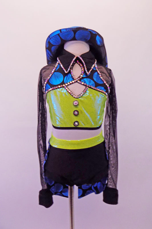 Broadway-inspired costume is a half-top with lime green torso with crystal buttons & black sheer long sleeves. Large blue polka dot print accents the bust, & lined with large size crystals along torso & black, shirt style collar. The black velvet brief has polka dot tailcoat. Comes with polka dot bowler hat. Front