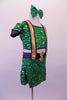 Green large sequined two-piece, money themed costume has half-top with cap sleeves and gold button front accents. The matching skort bottom has wide gold suspenders with black piping and money symbols at the back and waist front. Comes with a green bow hair accessory. Side