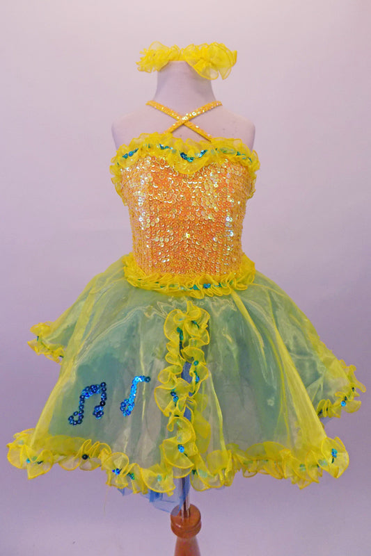 Costume has a pearl beaded sequined bodice with blue sequined yellow organza ruffle. The attached skirt has a double layer of turquoise & yellow with ruffled edge & sequined cross straps, Blue sequined musical note applique accents the front of the skirt & the back of the straps. Comes with yellow organza hair clips. Front
