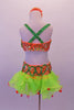 Orange and green two-piece beaded sequined costume has beaded sequin leaf accents along the neckline and waistband. The bottom has an attached lime green organza ruffled skirt with large dangling orange sequins accenting the edge. Comes with a large orange floral hair accessory. Back