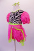 Nightdress themed costume is a hot pink and neon green with pouffe sleeves with scattered crystal accents and a zebra print torso with large crystal button accents. The costume has pink, crystalled bloomer pants to match the dress. Comes with green hair ribbons and a pink ruffled zebra pillow, Left side
