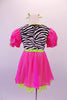Nightdress themed costume is a hot pink and neon green with pouffe sleeves with scattered crystal accents and a zebra print torso with large crystal button accents. The costume has pink, crystalled bloomer pants to match the dress. Comes with green hair ribbons and a pink ruffled zebra pillow. Back