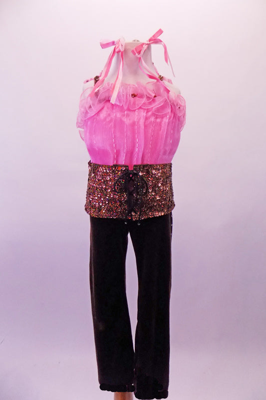 Costume has brown velvet pants that compliment the pale pink, finely beaded organza top with curly ruffle neckline. The extra-wide beaded sequined belt in shades of brown and gold has a corset tie front. Comes with pink hair bows. Front
