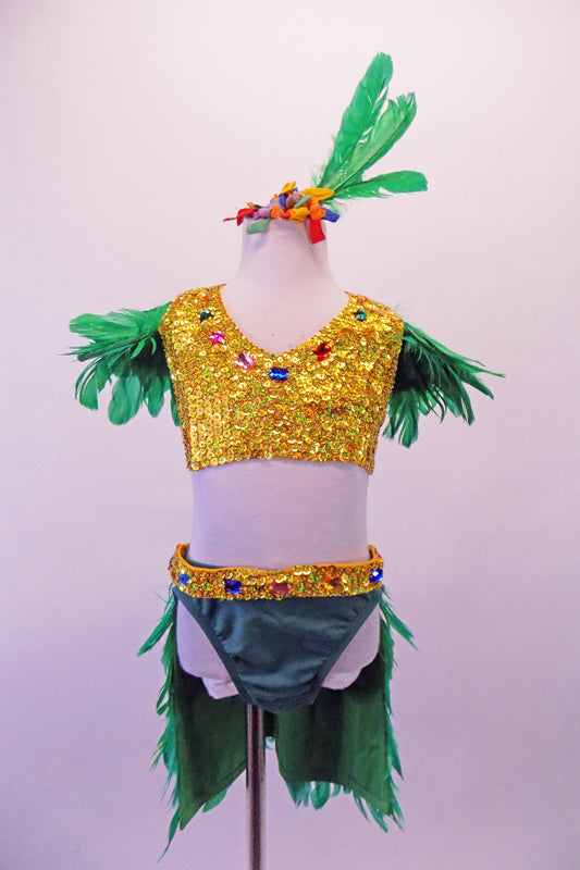 Three-piece bird themed costume with oodles of green feathers had a gold beaded sequined half-top with jewelled accents and neckline and an attached large green feathered collar. The green brief sits beneath the gold sequin, jewelled waistband with feathered bustle. Comes with a feathered hair accessory. Front